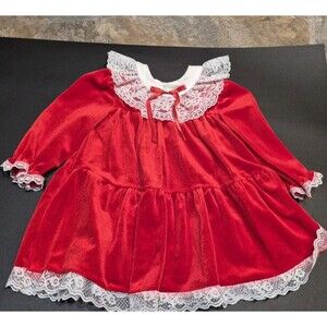 Vintage Children's Red Velvet with Lace Trim Sweet Treats Dress 2T Made in USA